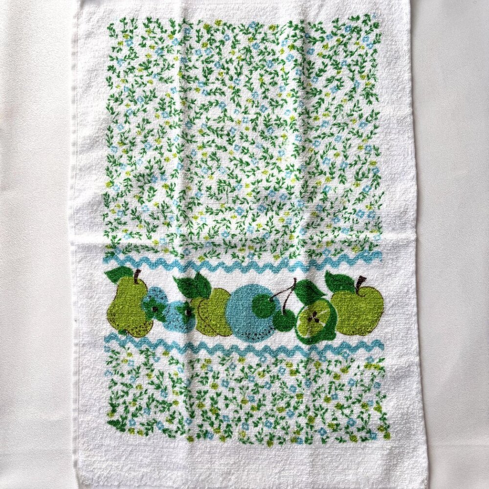 4 Vintage Kitchen Terry Dish Towels Fruits Flowers Stripes Fringe Set of 4 Retro - Picture 7 of 8